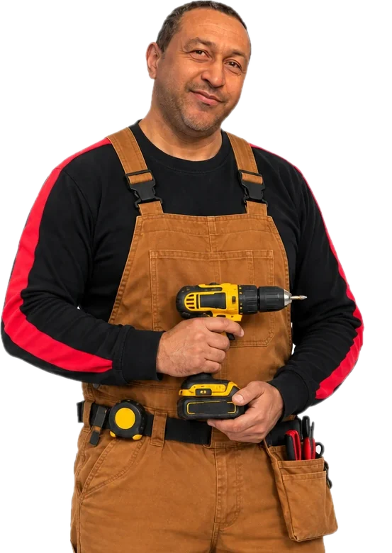 Isaac, da Life Montagens, de macacão de trabalho segurando uma parafusadeira